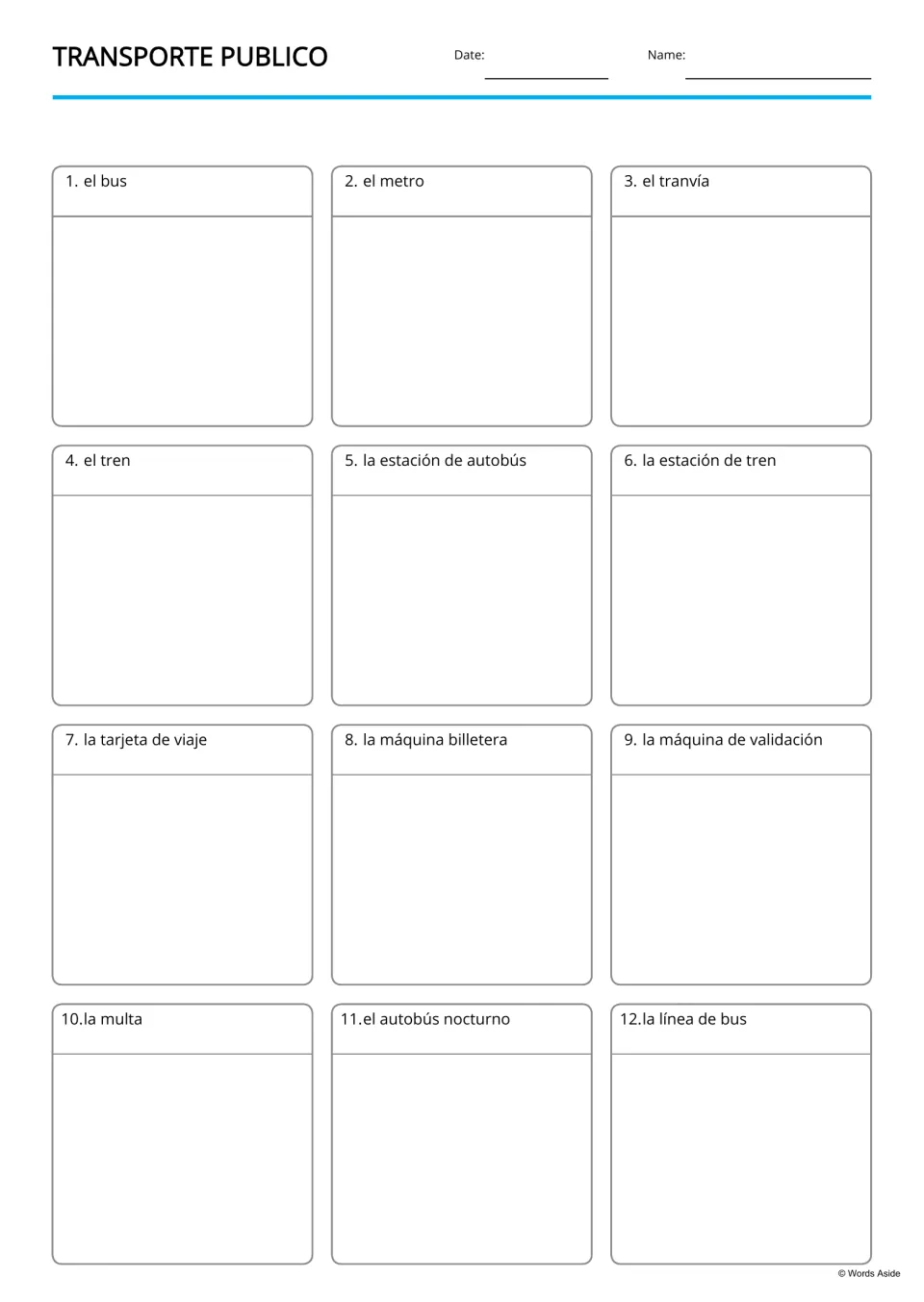 Blank Spanish transportation writing board with 12 labeled spaces, including el bus (bus) and la multa (fine)