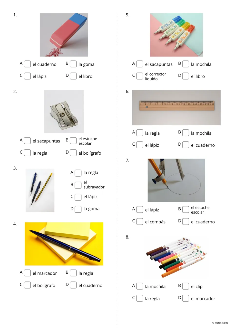 Spanish picture-to-word quiz, items 1–8: identify an eraser, sharpener, pencil, pen and four more supplies.