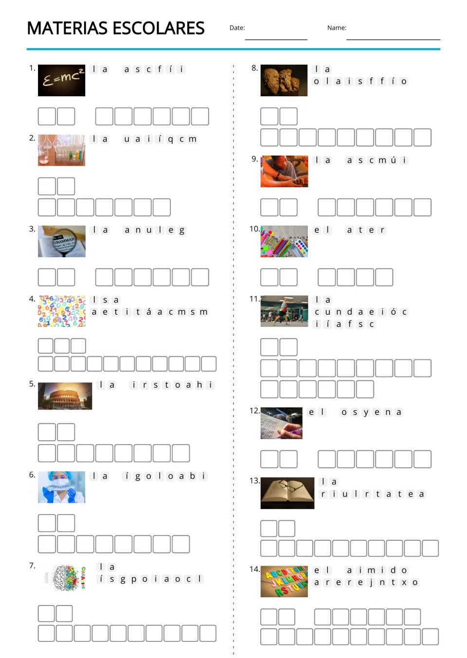Spanish school subjects anagrams: students unscramble 14 words like la física and la química, guided by a photo clue