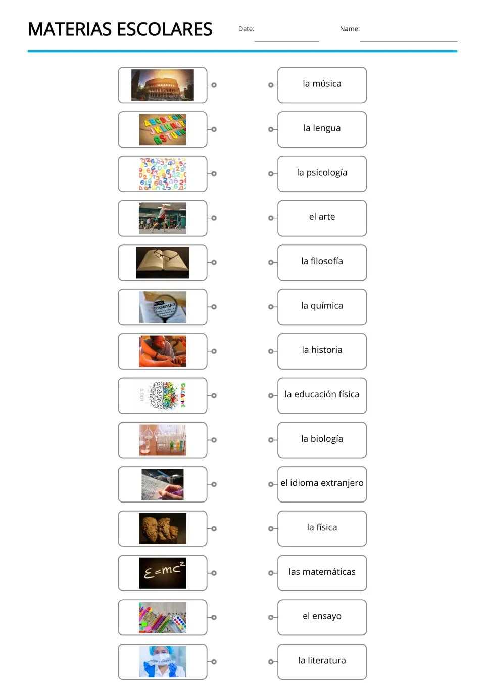 School subjects match in reverse: students link 14 photos, such as the Colosseum and E=mc², to Spanish subject names