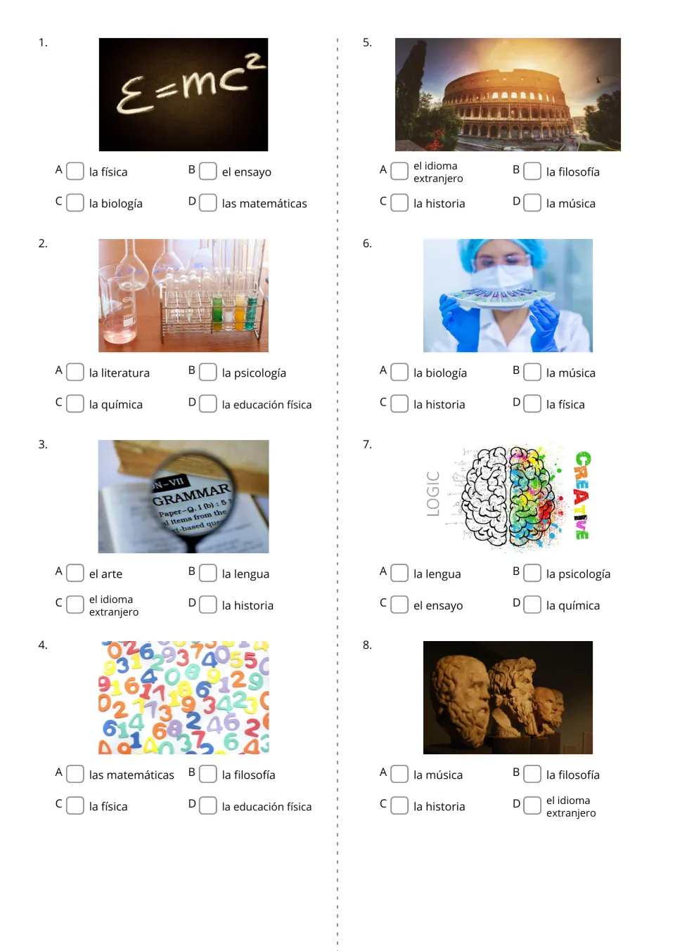 Word multiple choice, items 1-8: students look at a photo such as E=mc² or test tubes and tick its Spanish subject