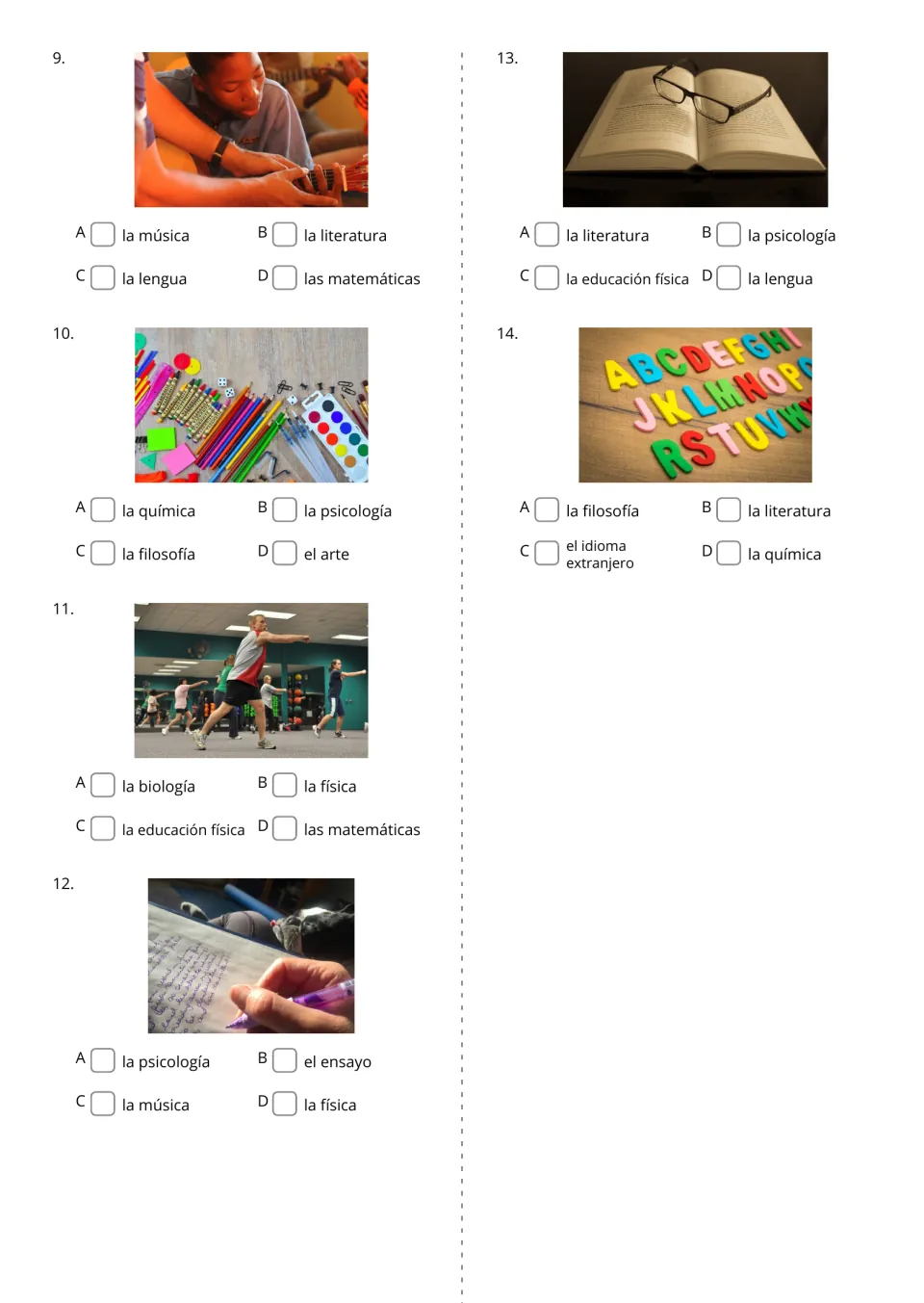 Word multiple choice, items 9-14: students tick the subject for photos of a guitar, art supplies, a gym class and a book