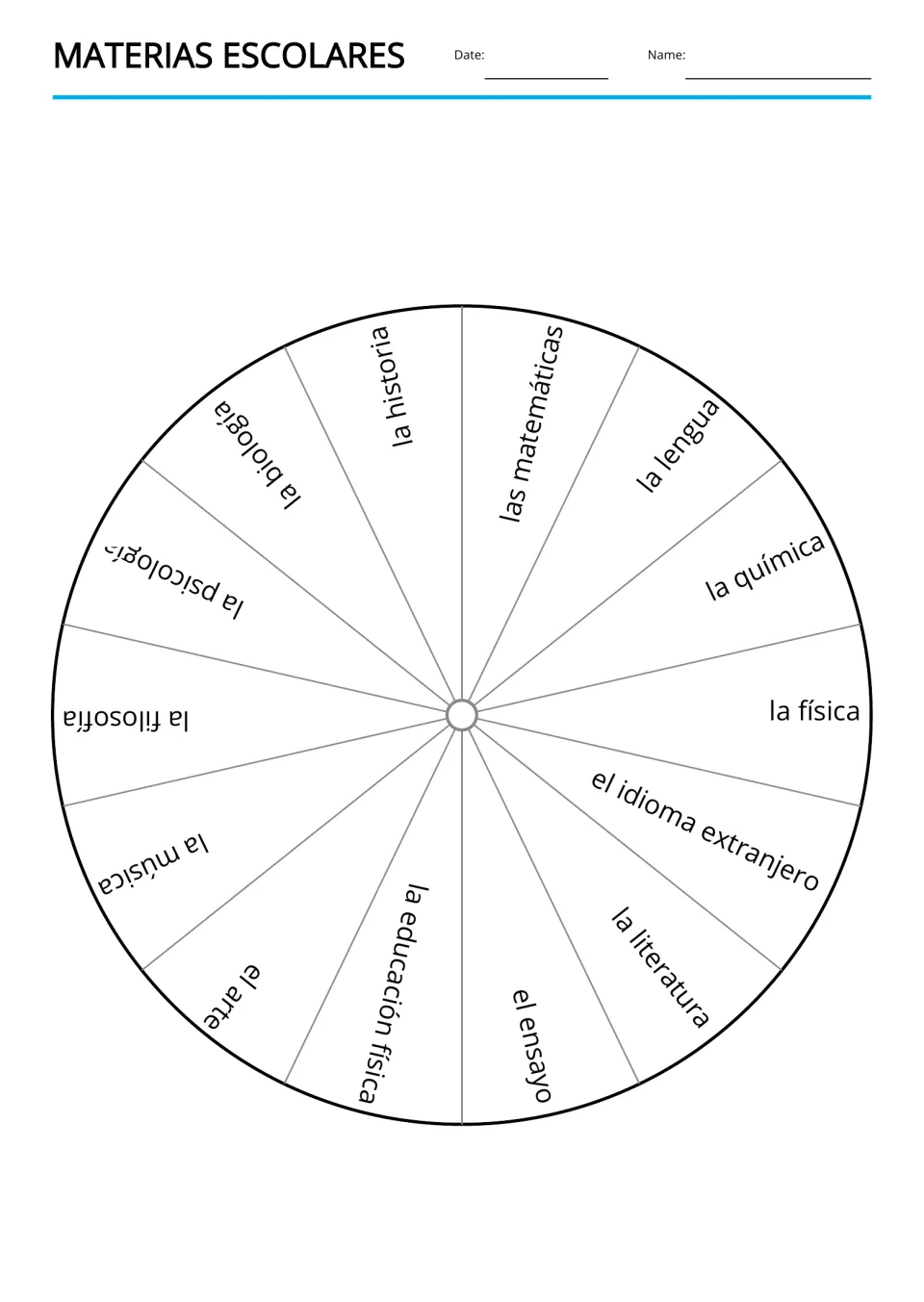 Spanish school subjects word wheel: 14 segments name subjects such as las matemáticas, la química and el arte