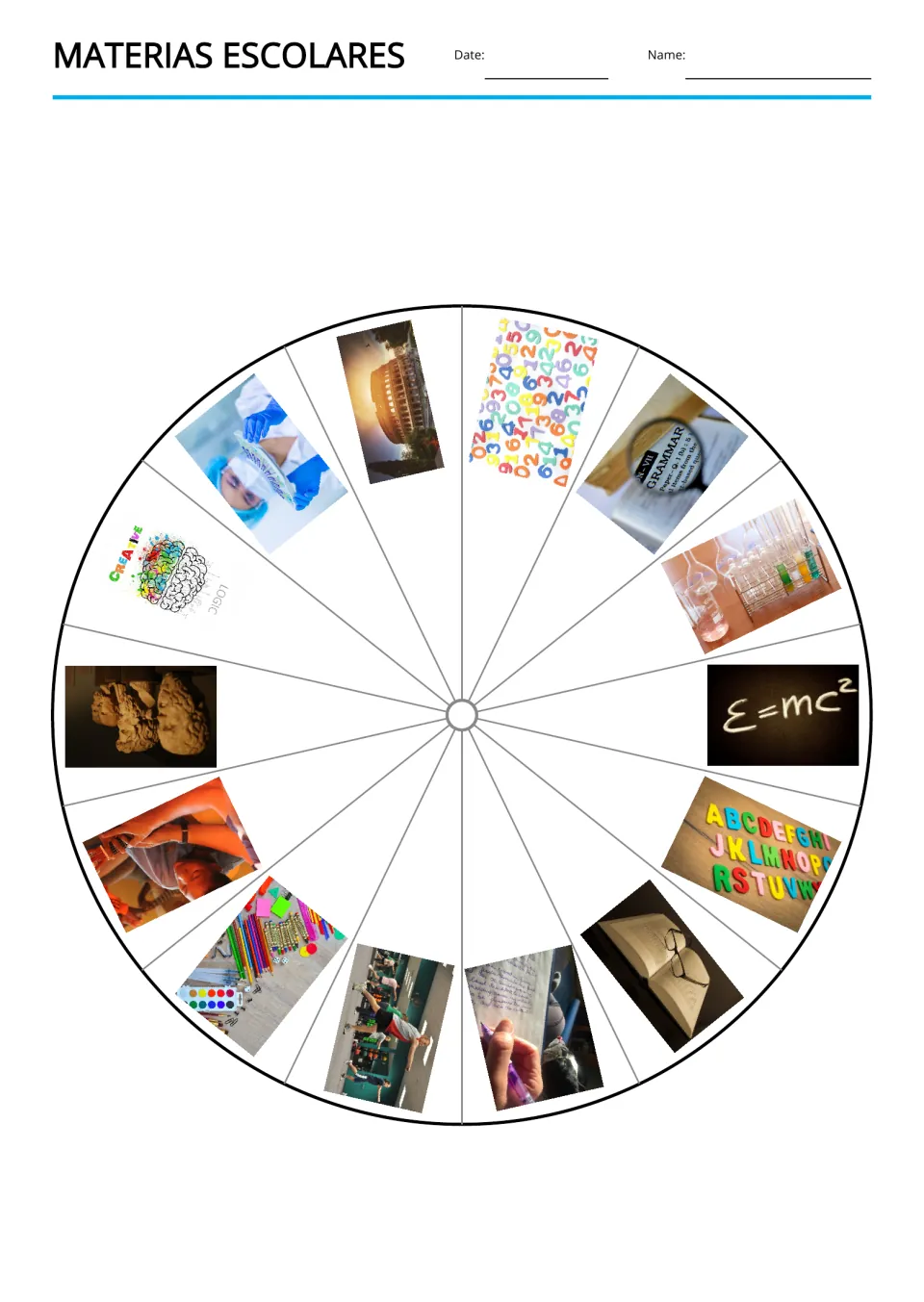 Picture wheel for school subjects: 14 photo sections, including the Colosseum, test tubes and E=mc², with no words