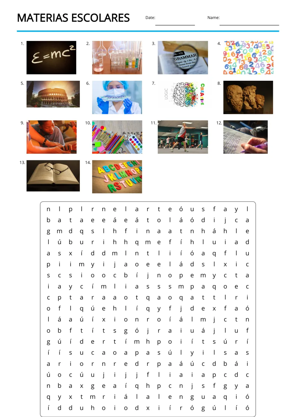 Materias escolares word search: students find 14 Spanish subject names hidden among the letters, cued by numbered photos