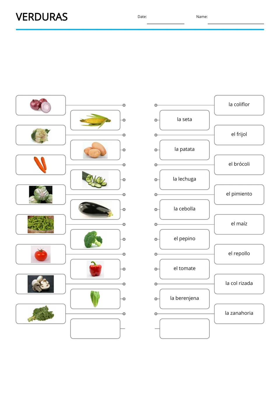 Spanish vegetable matching activity pairing 15 photos with terms such as la cebolla (onion) and el maíz (corn)