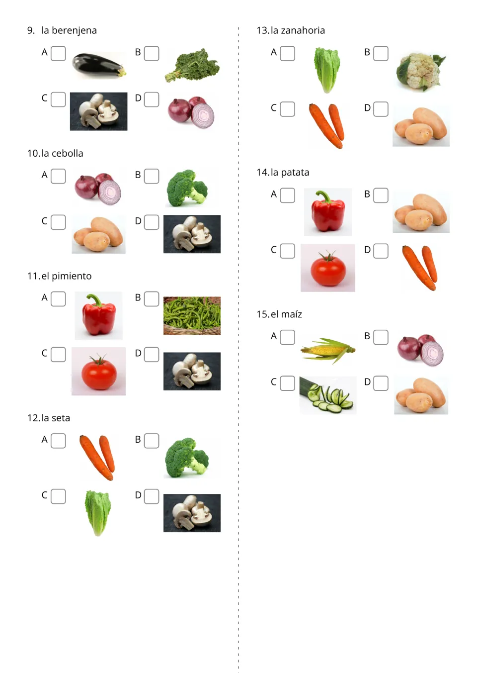 Spanish vegetable picture-choice quiz, questions 9–15, from la berenjena (eggplant) to el maíz (corn)