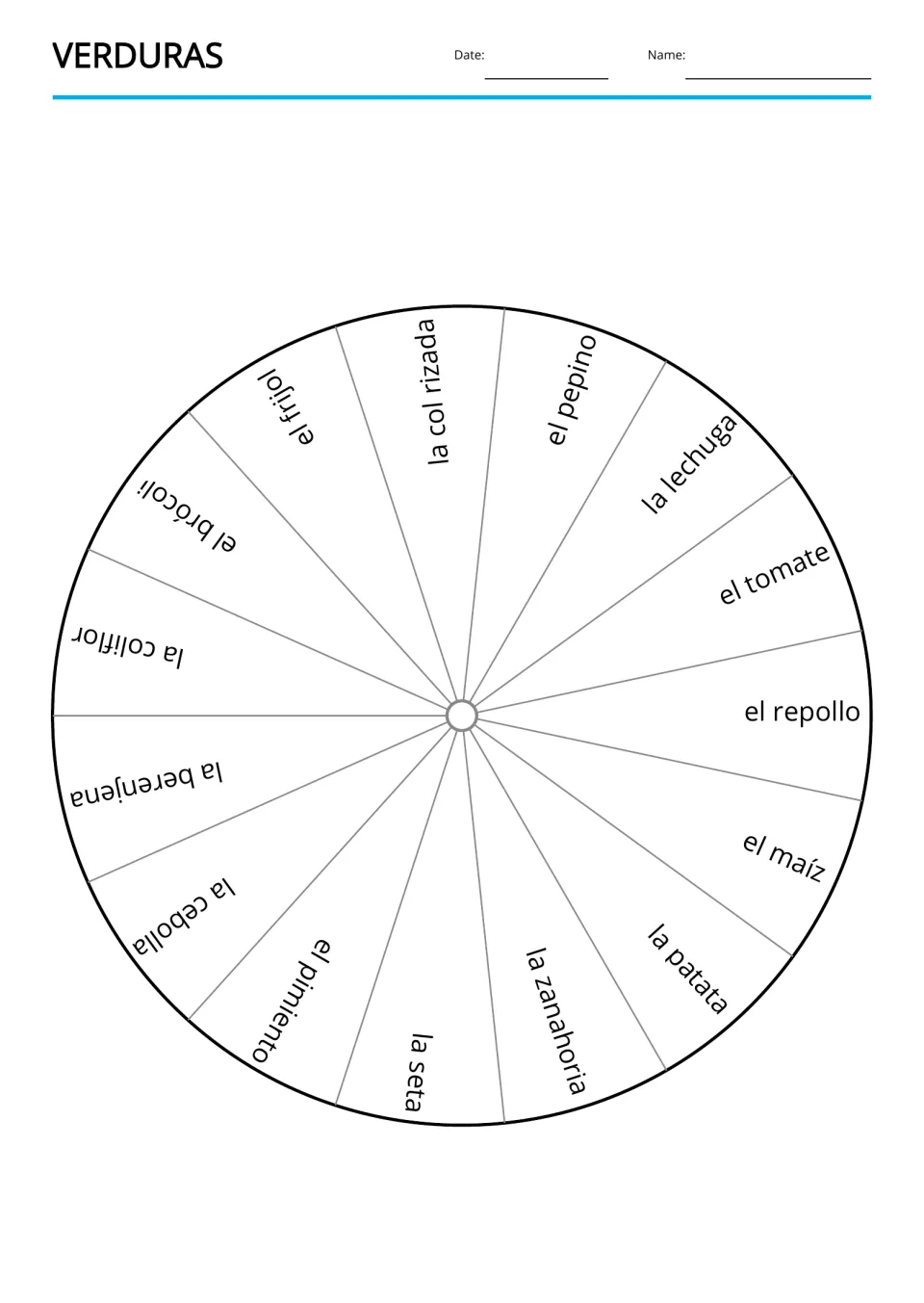 Spanish vegetable word wheel containing 15 terms, including el pepino (cucumber) and la lechuga (lettuce)