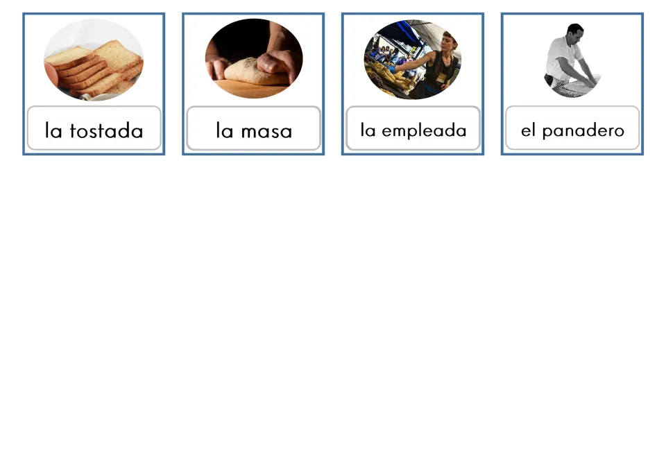 Spanish bakery vocabulary: four lowercase photo cards for la tostada, la masa, la empleada and el panadero