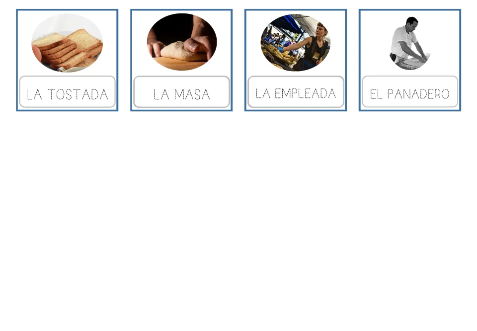 Uppercase tracing: four photo cards with dotted words LA TOSTADA, LA MASA, LA EMPLEADA and EL PANADERO