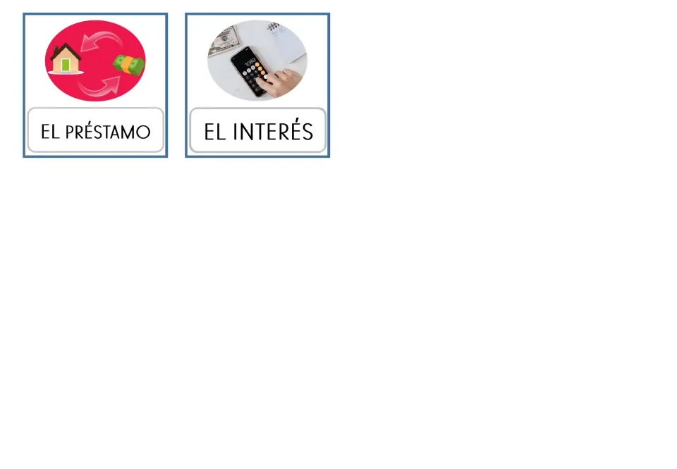 Uppercase Spanish banking flashcards for EL PRÉSTAMO and EL INTERÉS, shown with a house-and-cash icon and a calculator