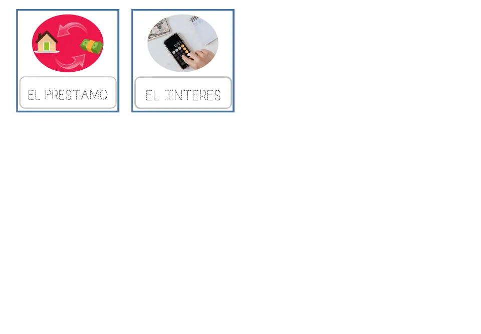 Uppercase tracing in Spanish: students trace dotted EL PRESTAMO and EL INTERES beneath the loan and interest pictures