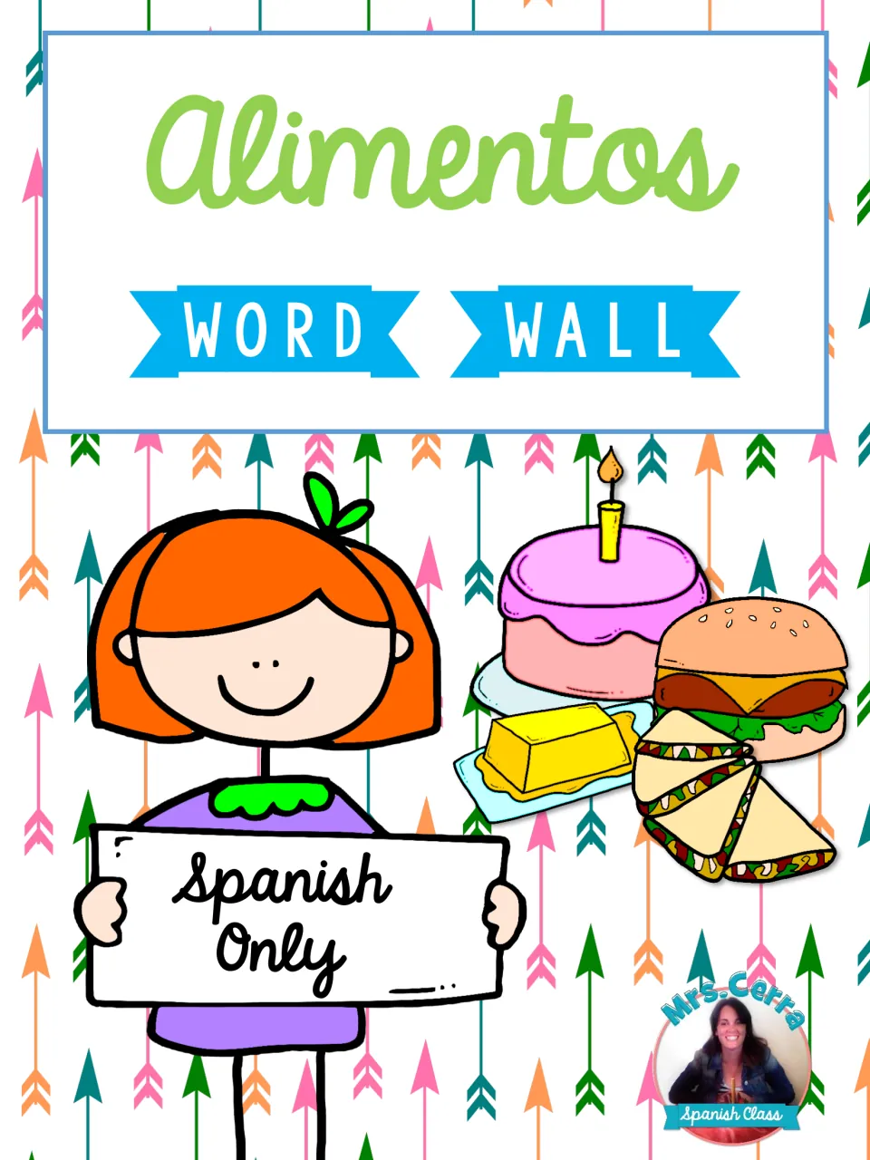 Cover of the Spanish food word wall card resource, labeled 'Alimentos' (foods), 'Word Wall' and 'Spanish Only'