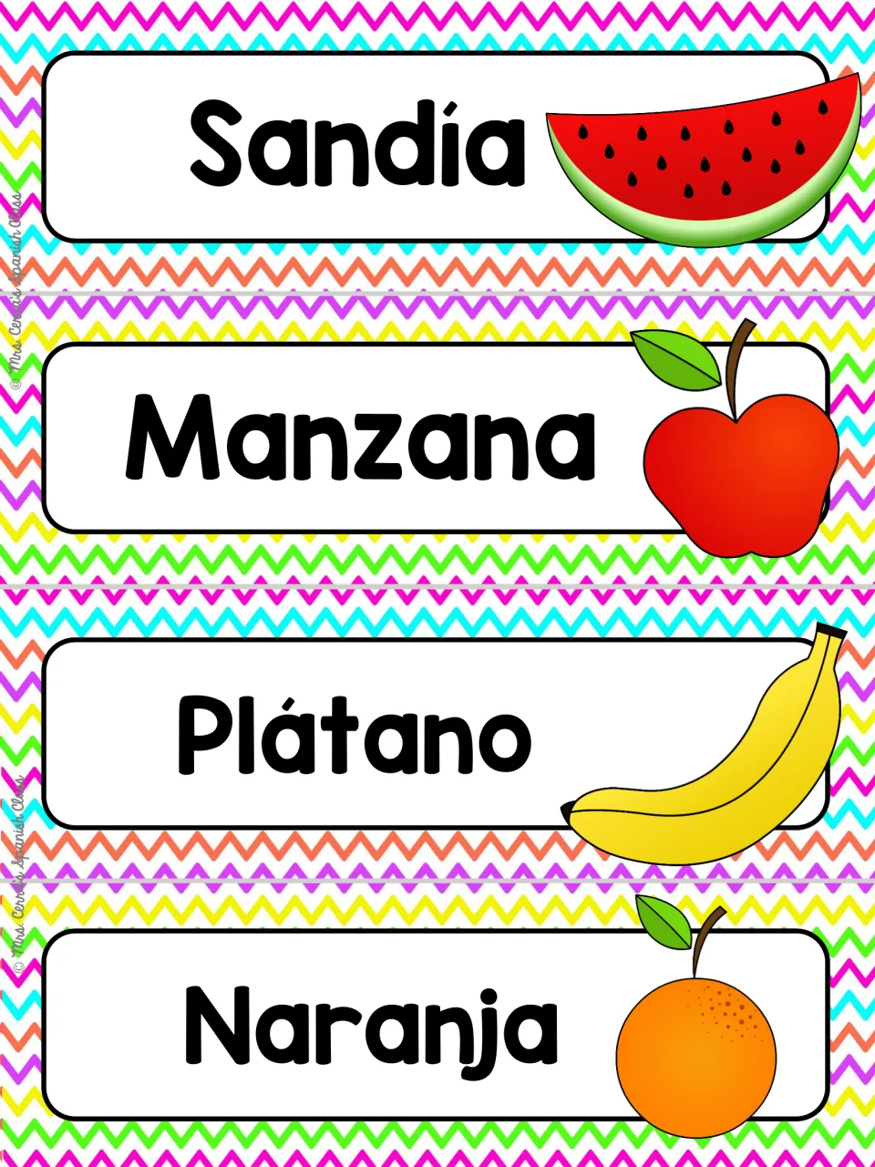Spanish food word wall cards 1–4: Sandía (watermelon), Manzana (apple), Plátano (banana) and Naranja (orange)