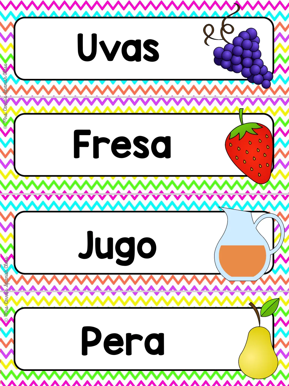 Spanish food word wall cards 5–8: Uvas (grapes), Fresa (strawberry), Jugo (juice) and Pera (pear)