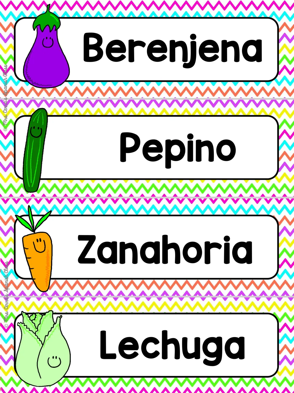 Spanish food word wall cards 9–12: Berenjena (eggplant), Pepino (cucumber), Zanahoria and Lechuga