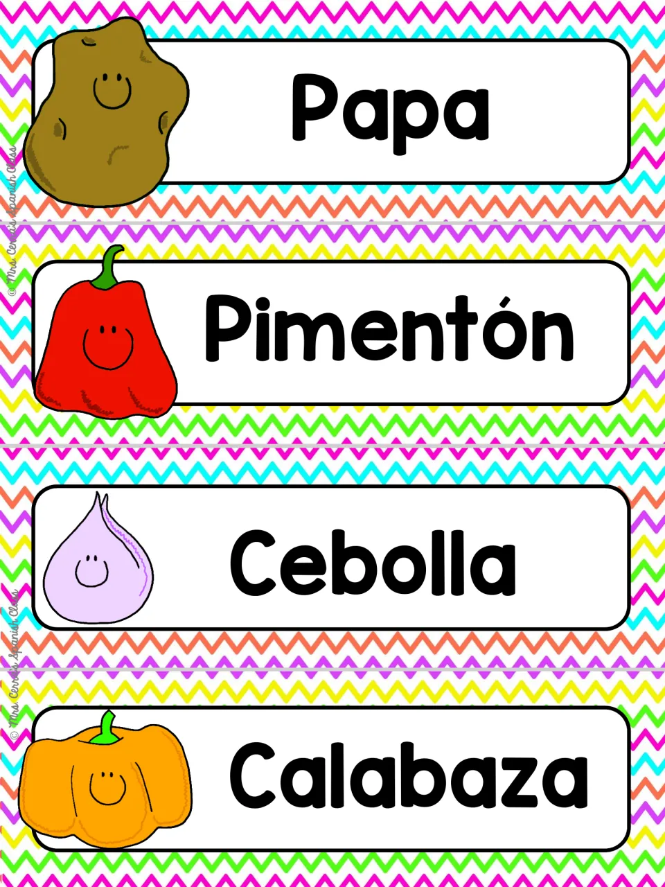 Spanish food word wall cards 13–16: Papa (potato), Pimentón (bell pepper), Cebolla (onion) and Calabaza