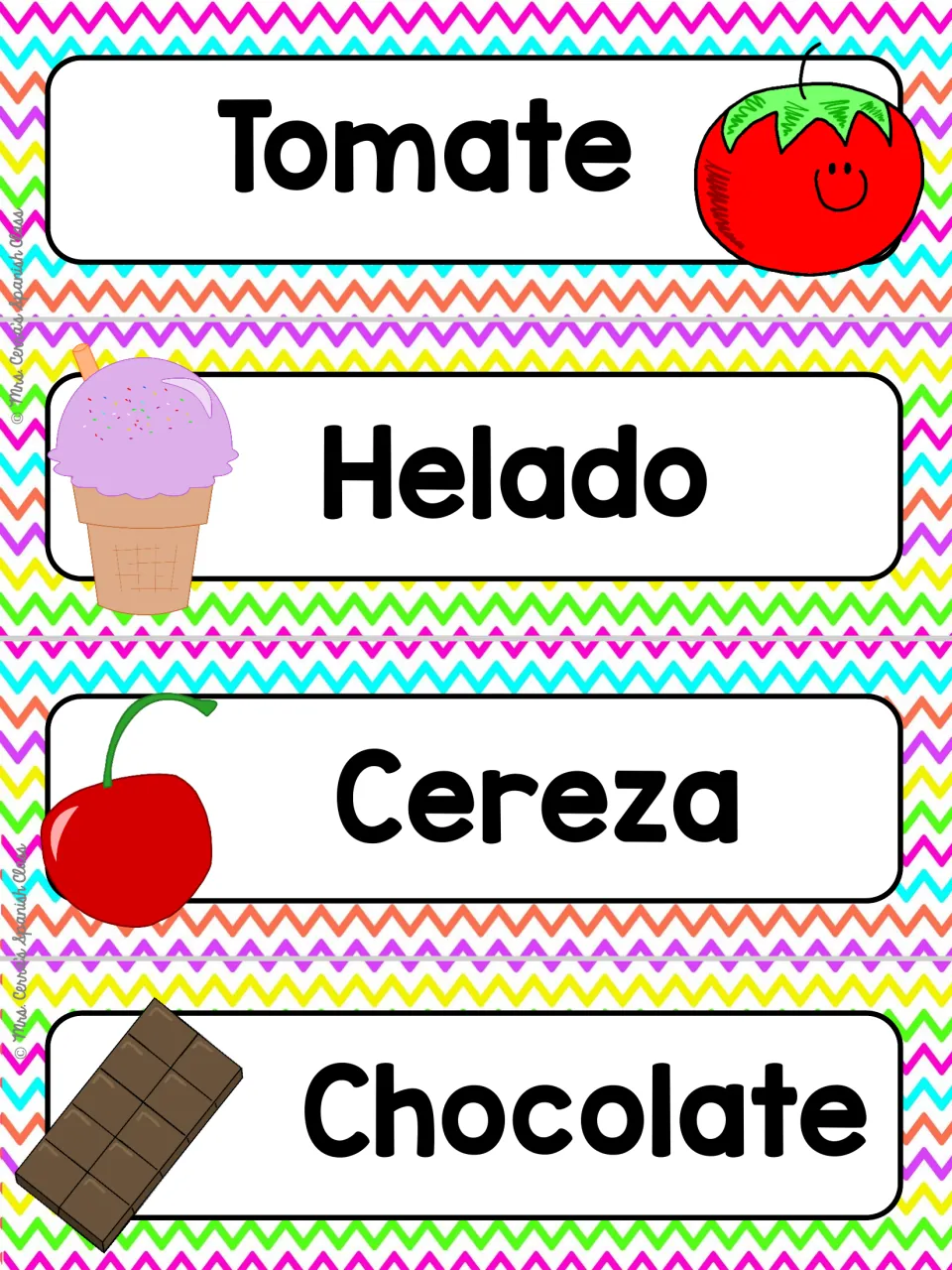 Spanish food word wall cards 17–20: Tomate (tomato), Helado (ice cream), Cereza (cherry) and Chocolate