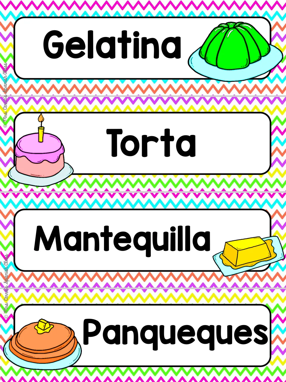 Spanish food word wall cards 21–24: Gelatina (gelatin), Torta (cake), Mantequilla (butter) and Panqueques
