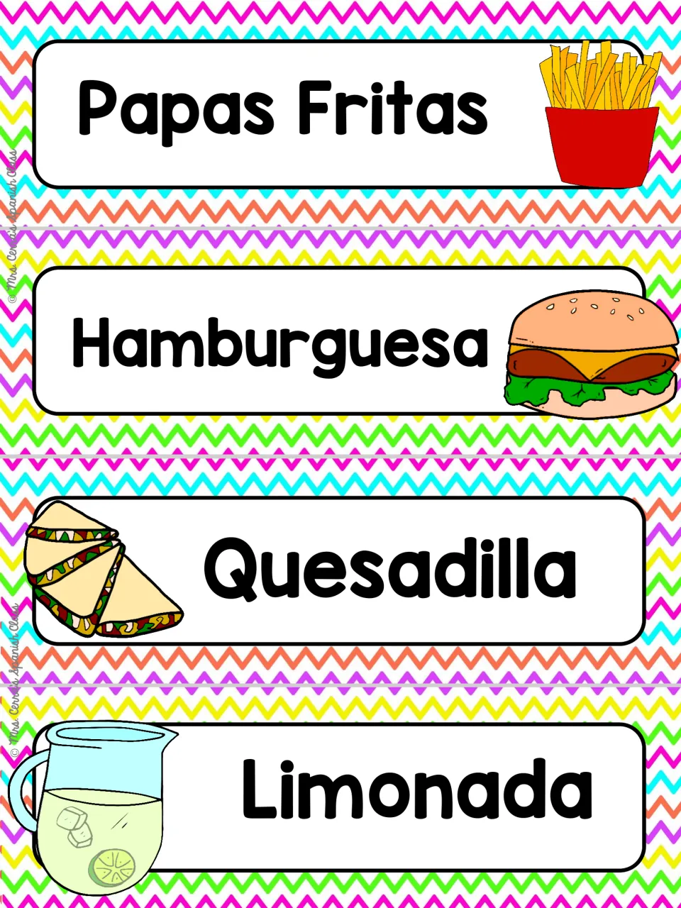 Spanish food word wall cards 25–28: Papas Fritas (fries), Hamburguesa (hamburger), Quesadilla and Limonada