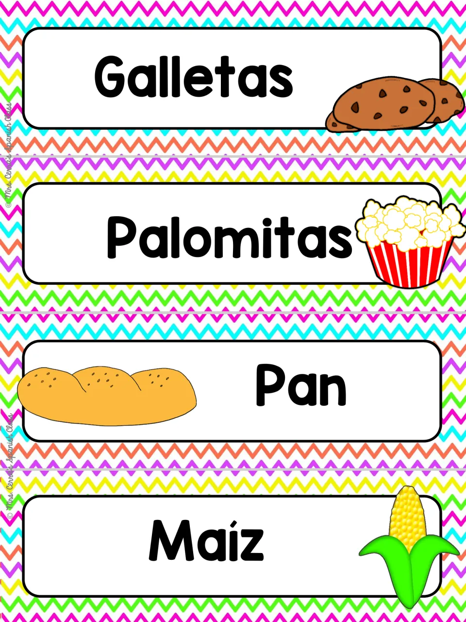 Spanish food word wall cards 29–32: Galletas (cookies), Palomitas (popcorn), Pan (bread) and Maíz (corn)