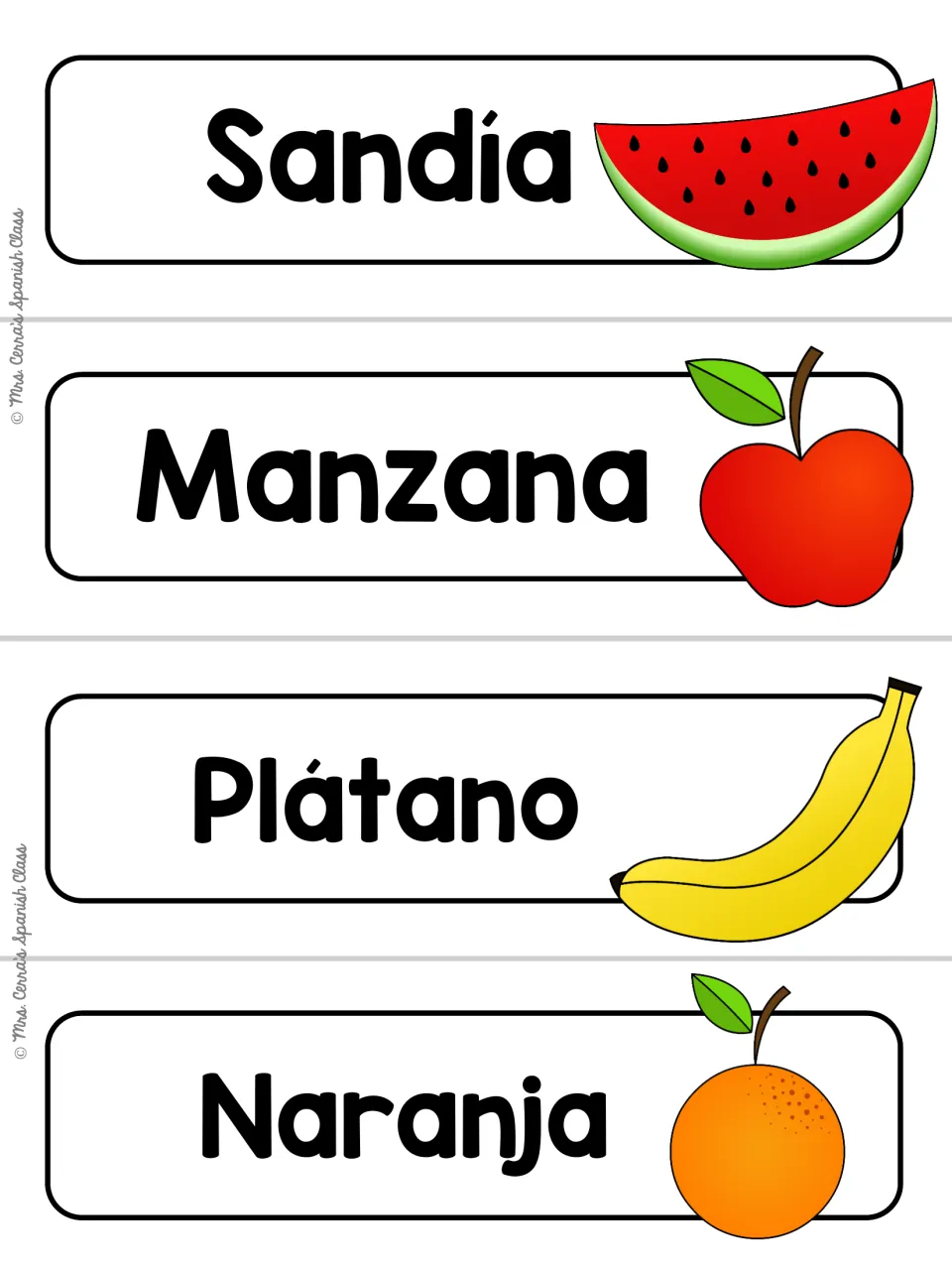 Alternate Spanish food word wall cards 1–4: Sandía (watermelon), Manzana (apple), Plátano and Naranja