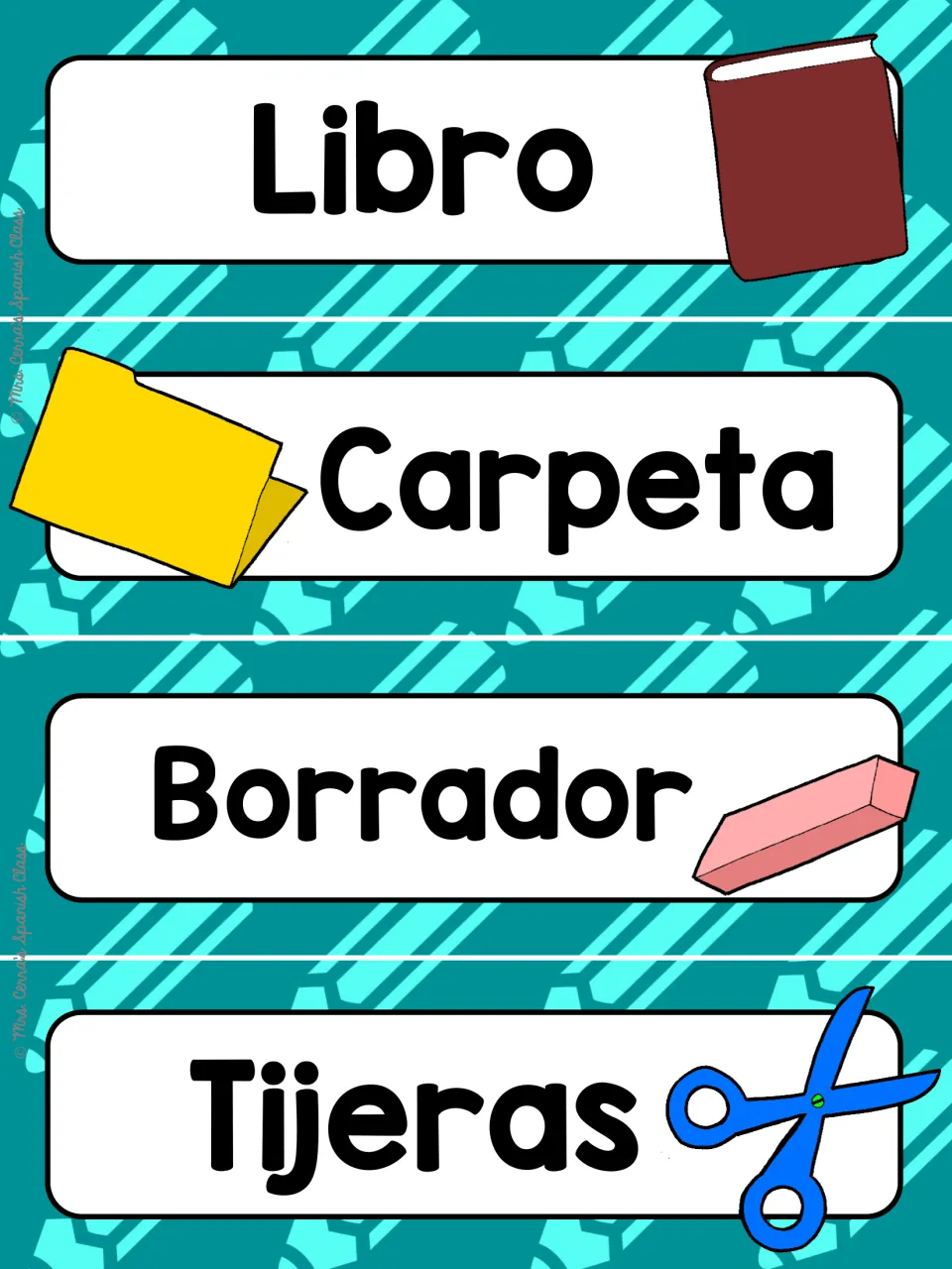 School supply cards on teal: Libro, Carpeta, Borrador and Tijeras, each word shown beside a matching picture