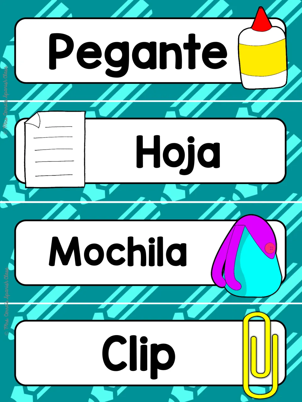 Classroom supply cards on teal: Pegante, Hoja, Mochila and Clip with glue, paper, backpack and paper clip images
