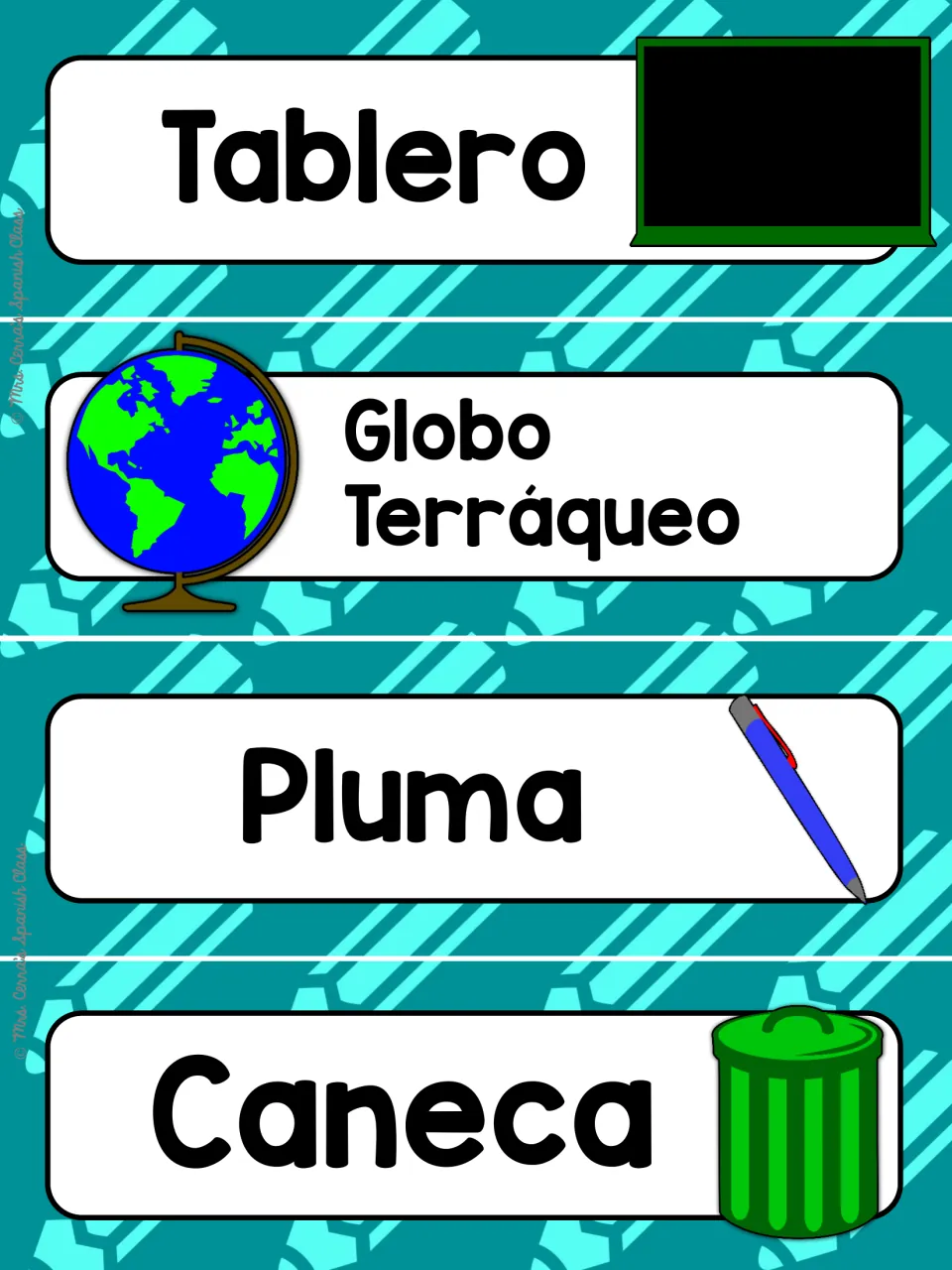 Classroom object cards on teal: Tablero, Globo Terráqueo, Pluma and Caneca pictured as chalkboard, globe, pen, trash can