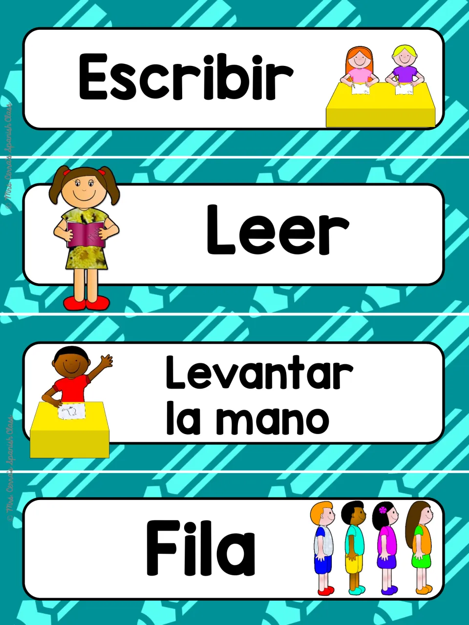 Classroom action cards on teal: Escribir, Leer, Levantar la mano and Fila, with children writing, reading and lining up