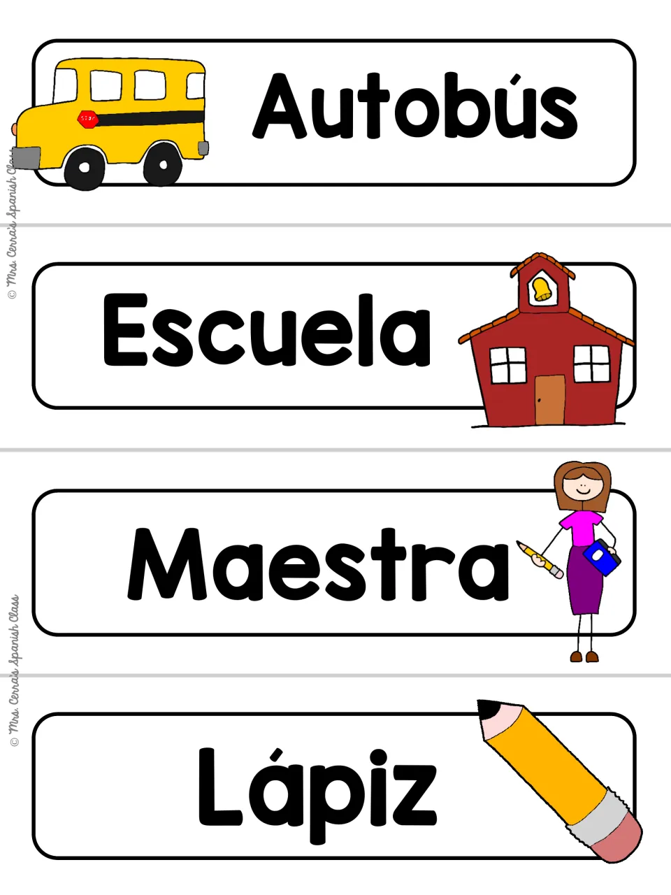 White-background version of the Autobús, Escuela, Maestra and Lápiz school vocabulary cards with picture clues