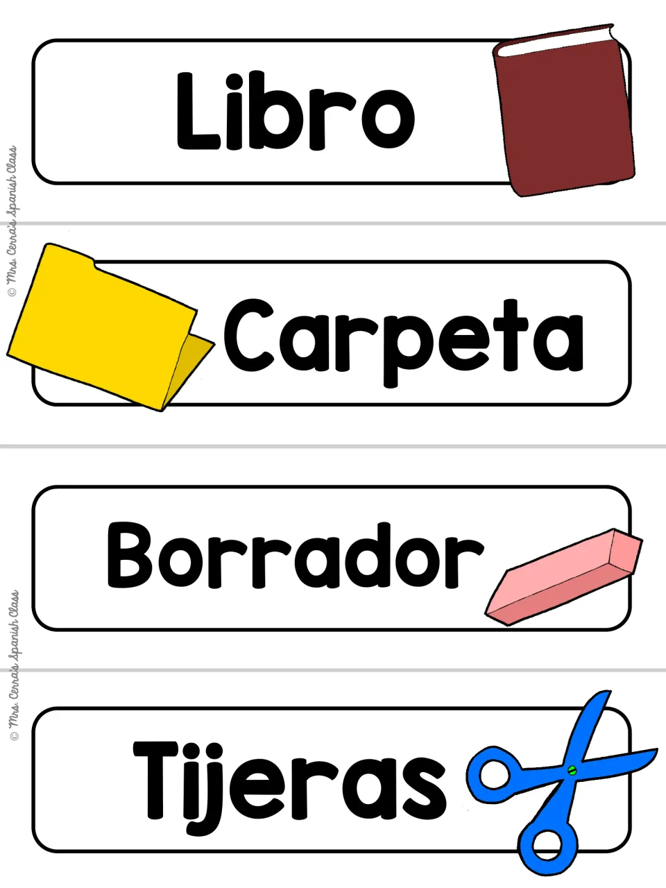 White-background Libro, Carpeta, Borrador and Tijeras cards showing a book, folder, eraser and scissors beside each word
