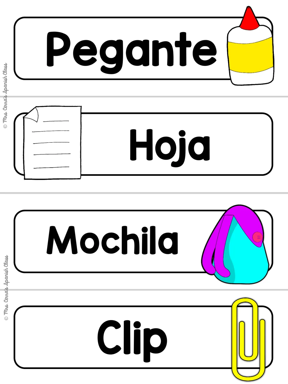 Pegante, Hoja, Mochila and Clip vocabulary cards on a plain white background, each with a matching supply drawing