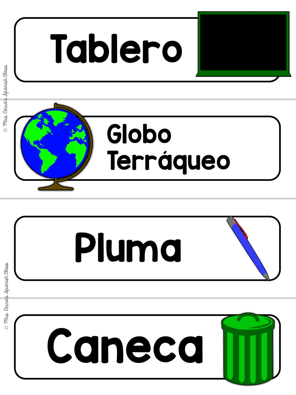 Plain white Tablero, Globo Terráqueo, Pluma and Caneca cards with chalkboard, globe, pen and trash can illustrations