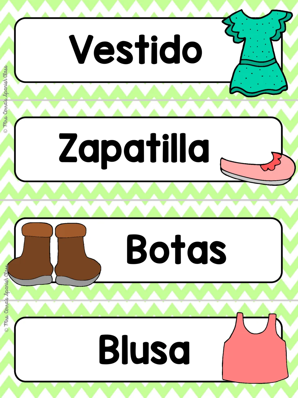 Spanish clothing word cards on green chevron: Vestido, Zapatilla, Botas and Blusa, each with a matching clothing picture