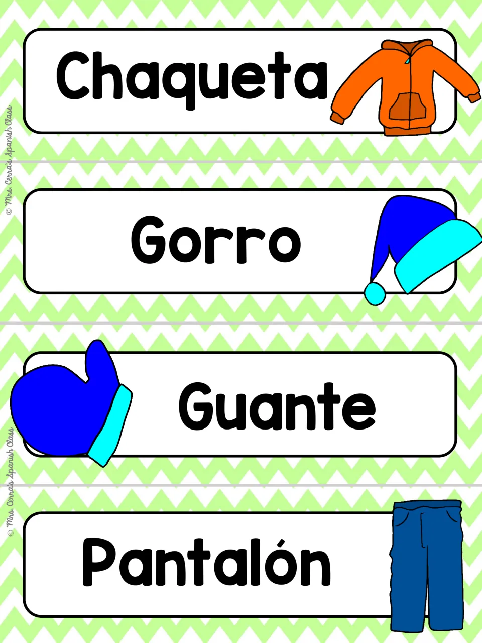 Spanish winter clothing word cards on green chevron: Chaqueta, Gorro, Guante and Pantalón with matching pictures