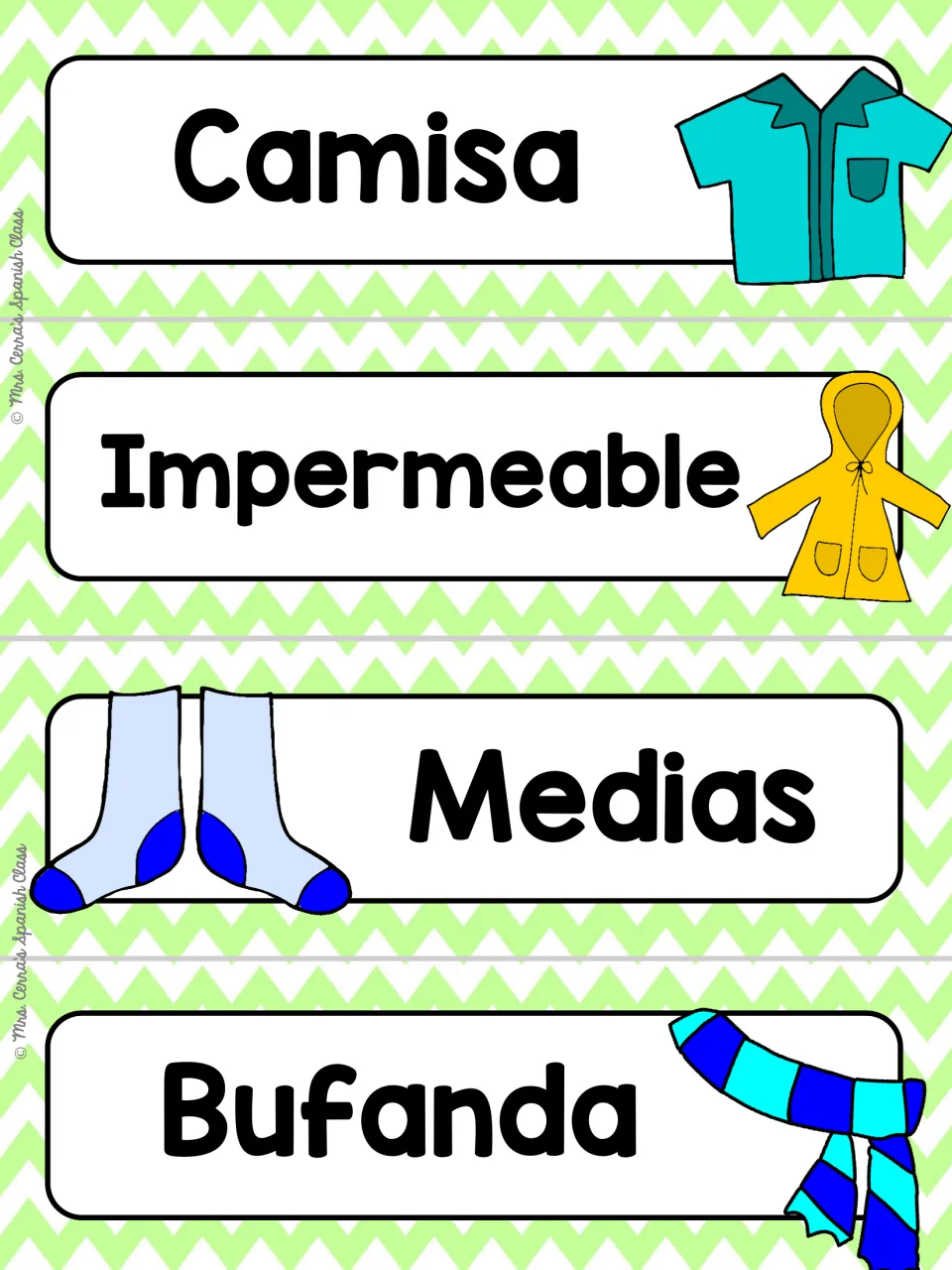 Spanish clothing word cards on green chevron: Camisa, Impermeable, Medias and Bufanda, each shown with a picture