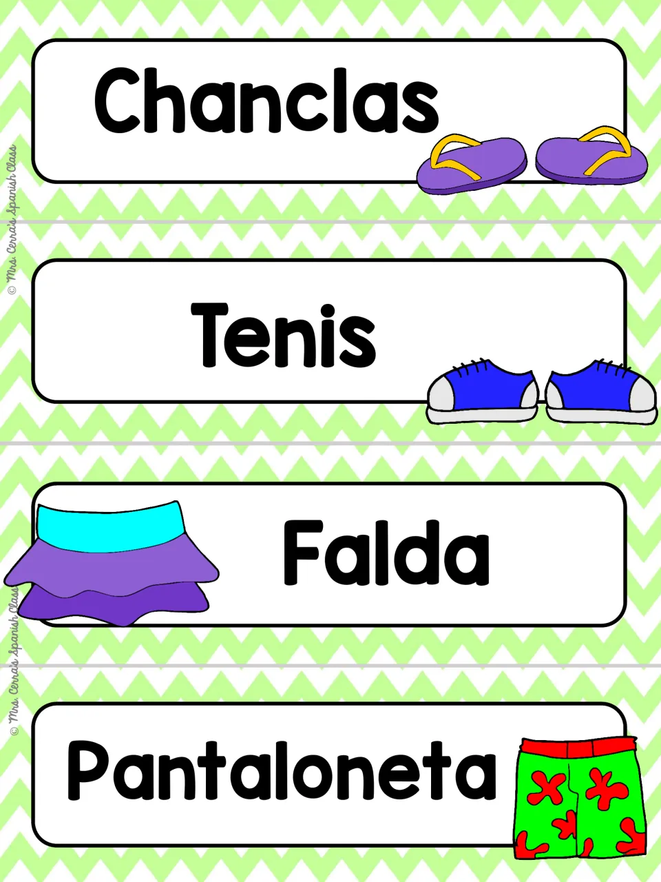 Spanish shoe and clothing word cards on green chevron: Chanclas, Tenis, Falda and Pantaloneta with matching pictures