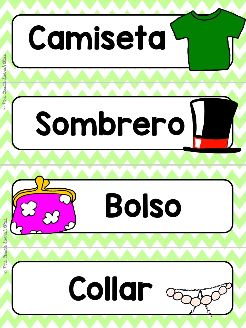 Spanish clothing and accessory word cards on green chevron: Camiseta, Sombrero, Bolso and Collar with pictures