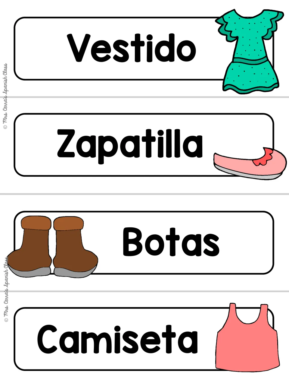 Plain white Spanish clothing cards: Vestido, Zapatilla, Botas, and Camiseta labelling a tank top, each with a picture