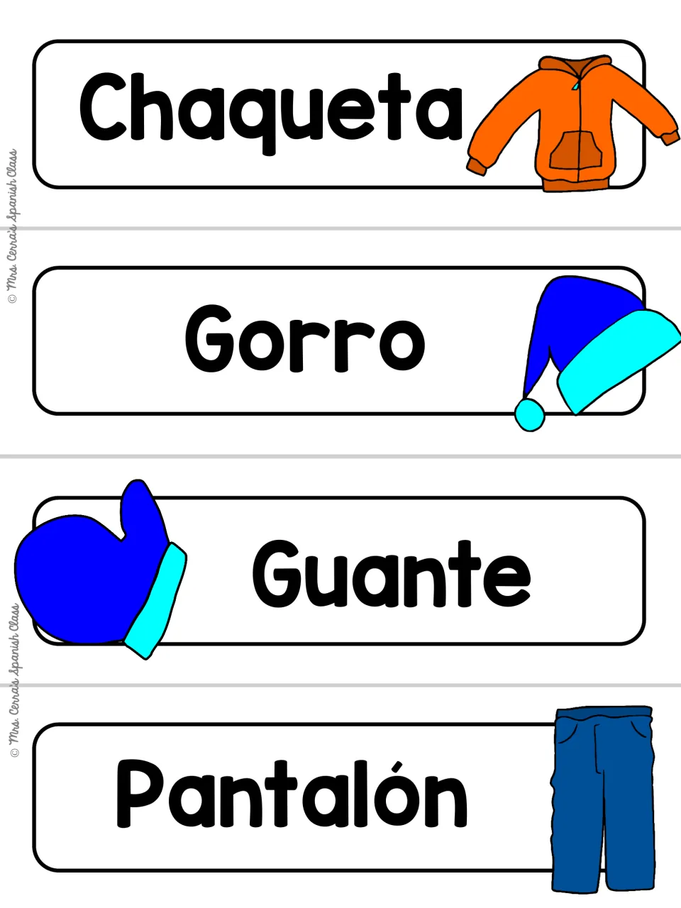 Plain white Spanish word cards for Chaqueta, Gorro, Guante and Pantalón, each paired with a clothing picture