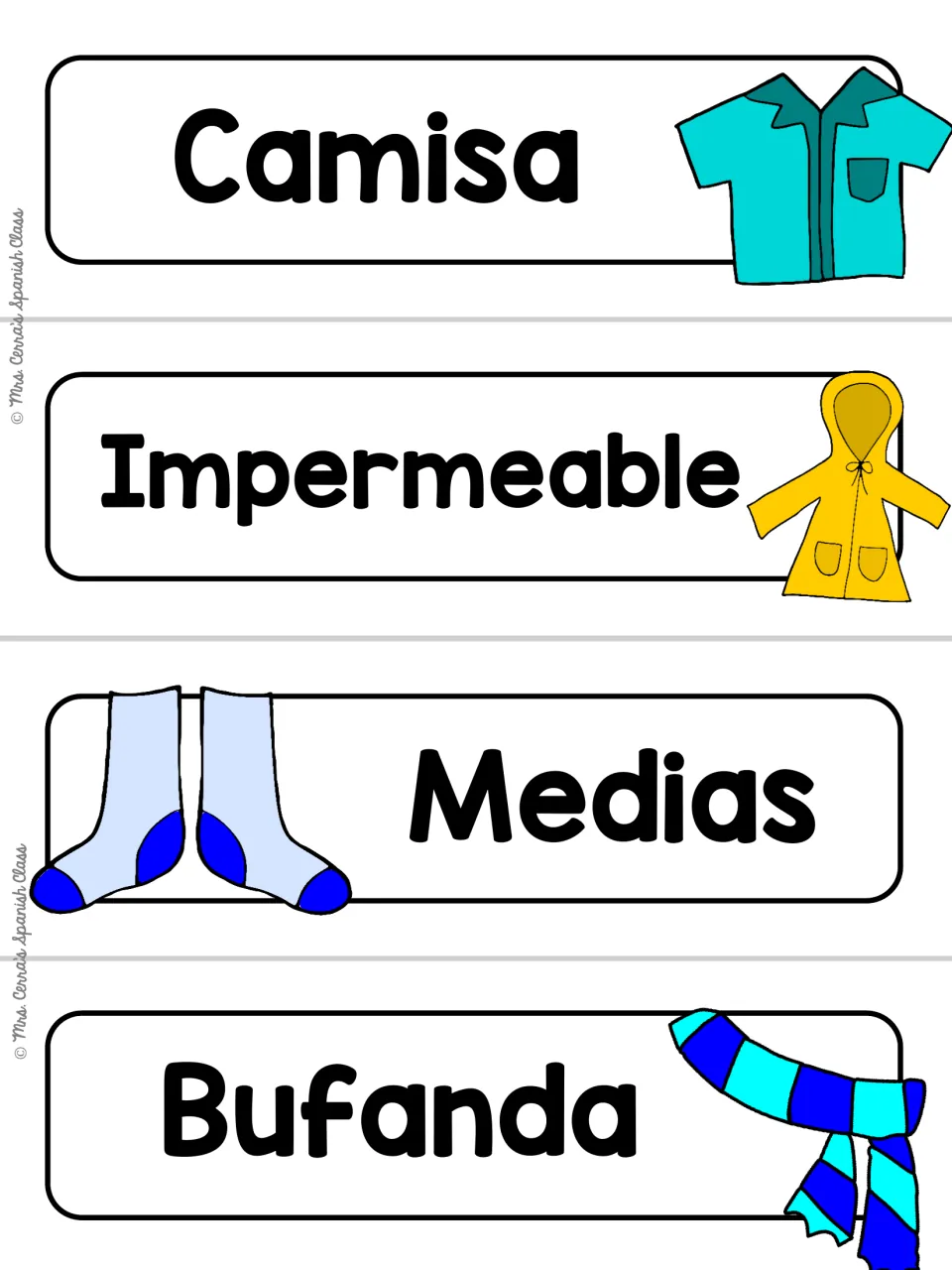 Plain white Spanish word cards for Camisa, Impermeable, Medias and Bufanda, each paired with a clothing picture