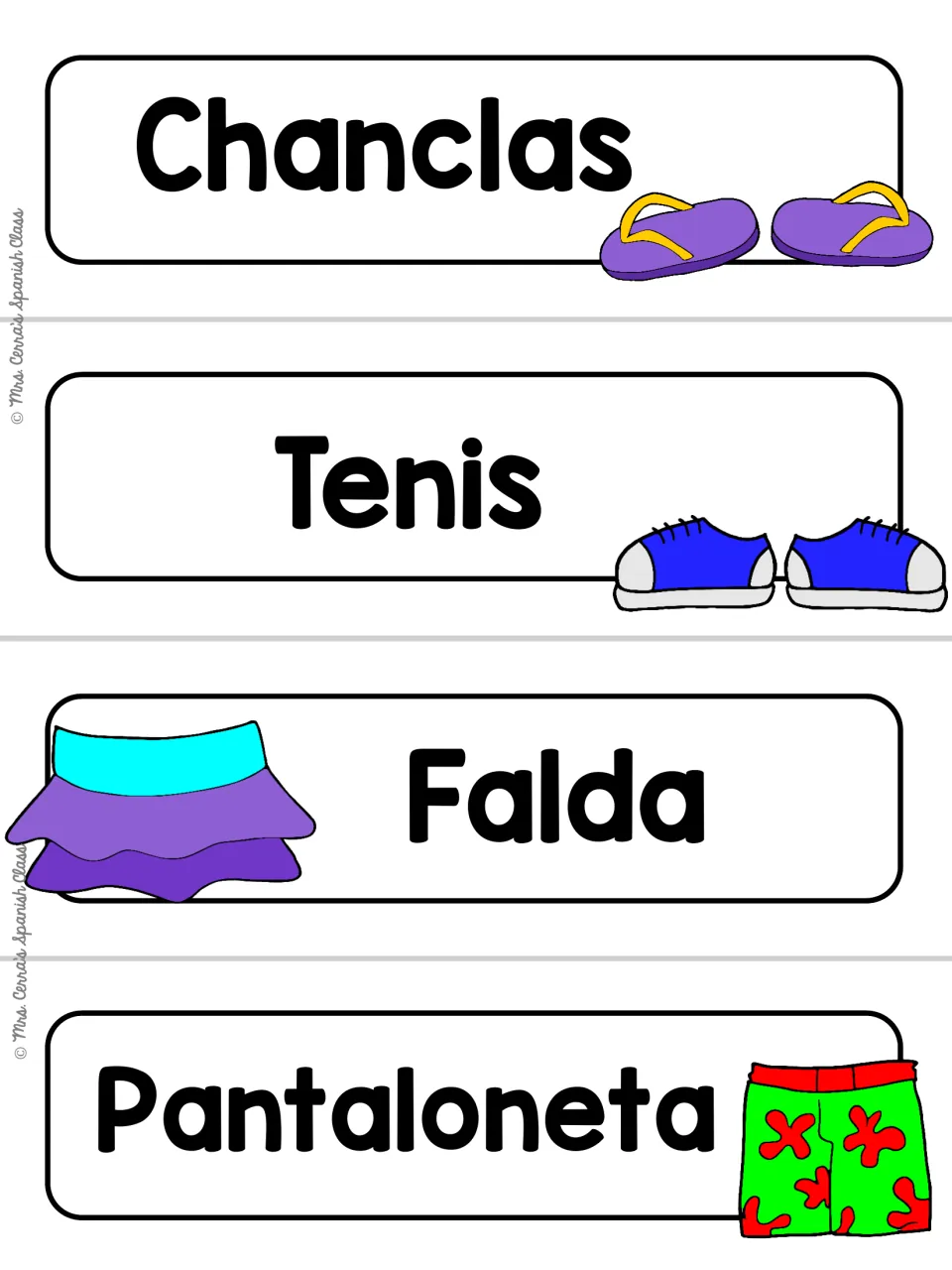 Plain white Spanish word cards for Chanclas, Tenis, Falda and Pantaloneta, each paired with a clothing picture