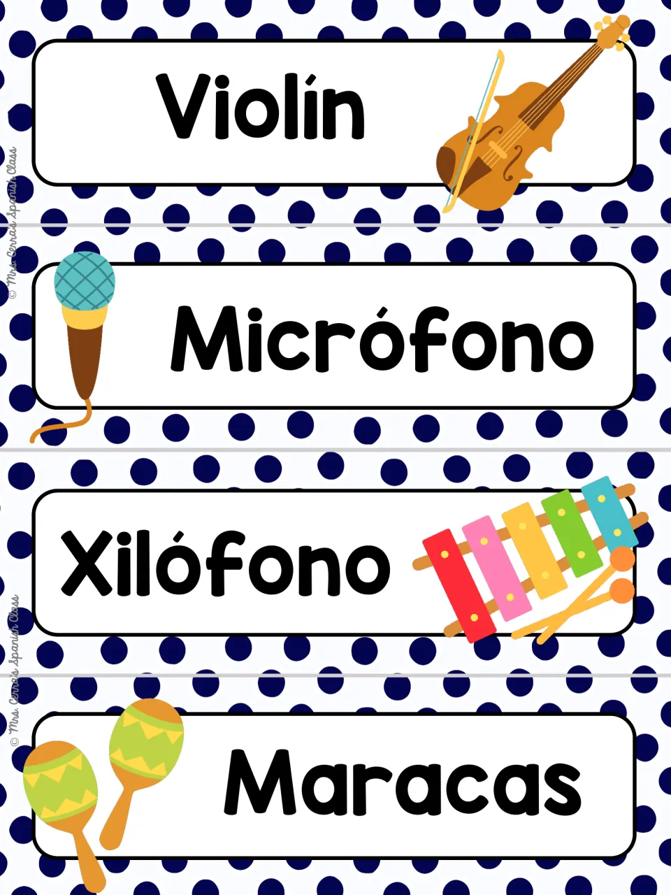 Spanish instrument word cards on navy polka dots: violín, micrófono, xilófono and maracas, each with a picture of the item