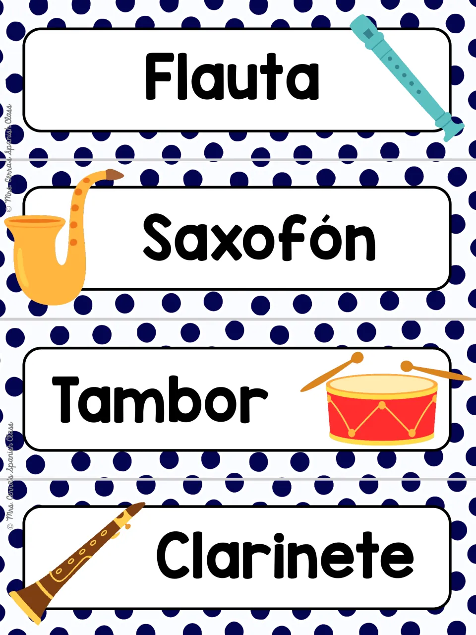 Spanish wind and percussion word cards on navy polka dots: flauta, saxofón, tambor and clarinete, each with clip art
