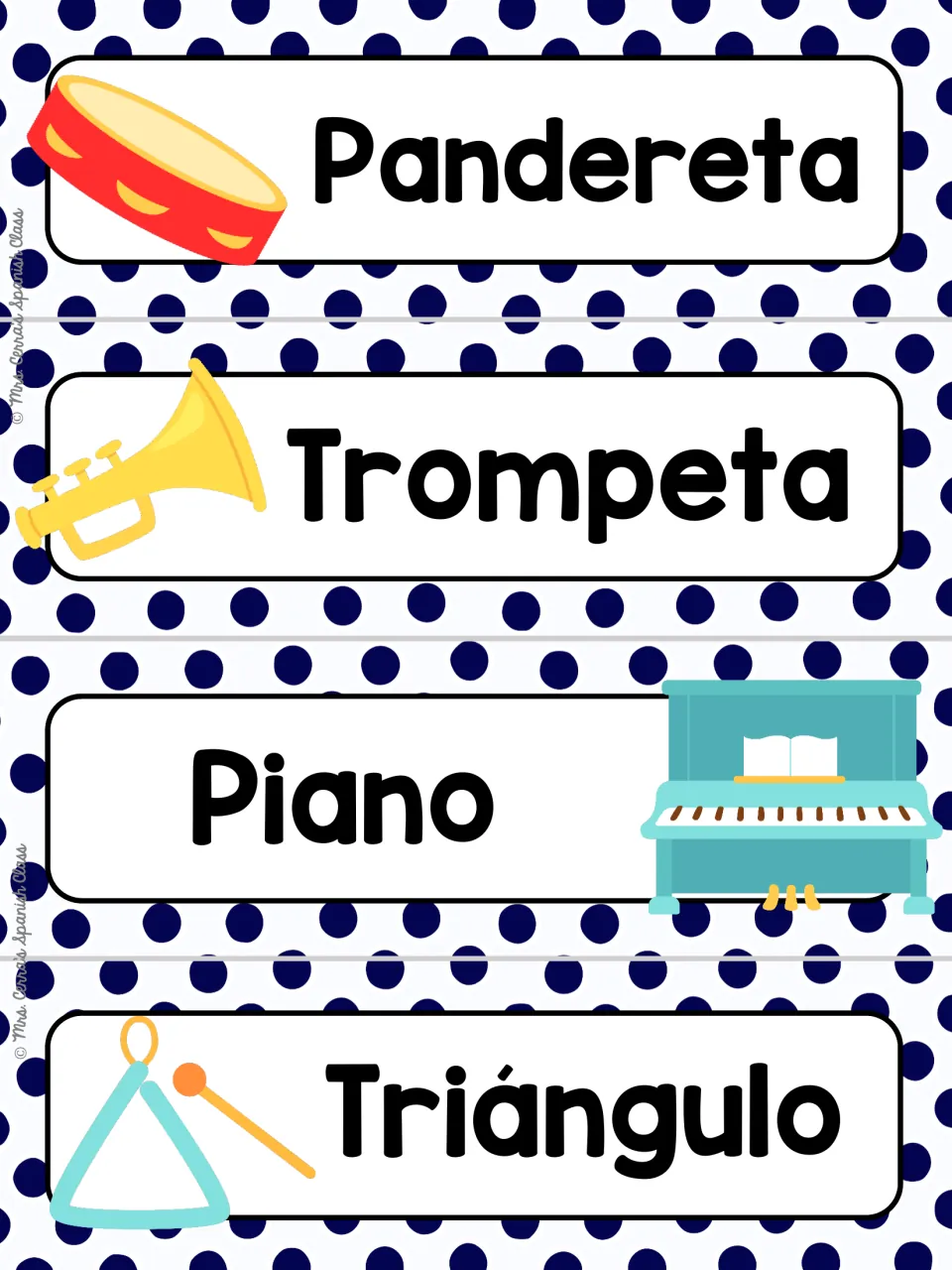 Spanish instrument word cards on navy polka dots: pandereta, trompeta, piano and triángulo, each paired with a picture