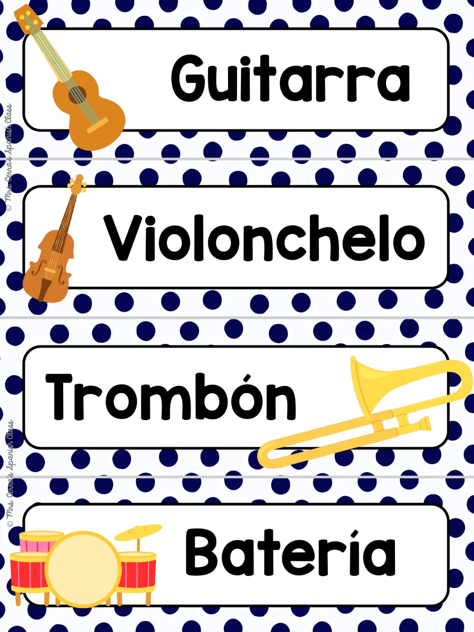 Spanish instrument word cards on navy polka dots: guitarra, violonchelo, trombón and batería, each shown with clip art