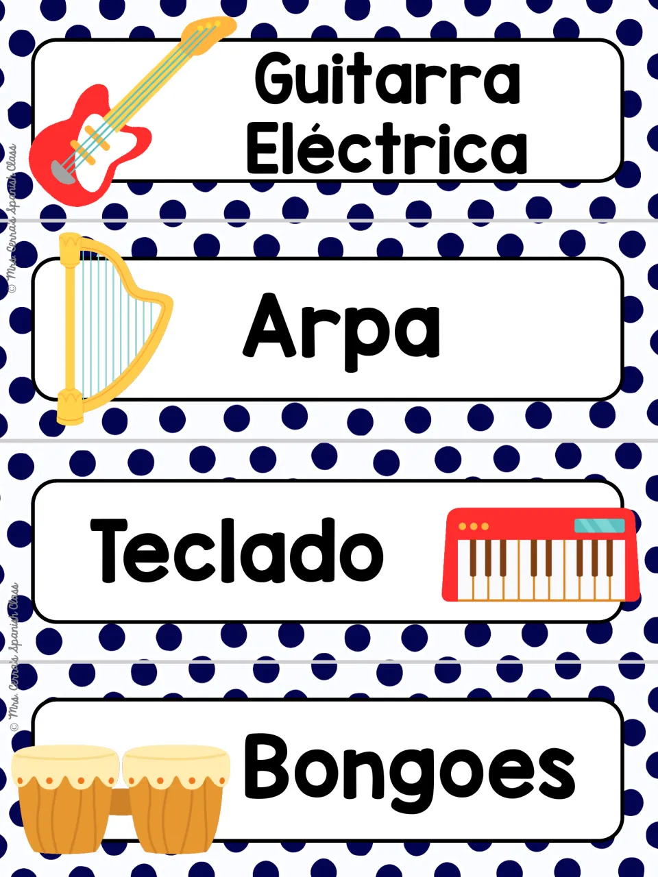 Spanish instrument word cards on navy polka dots: guitarra eléctrica, arpa, teclado and bongoes, each with a picture
