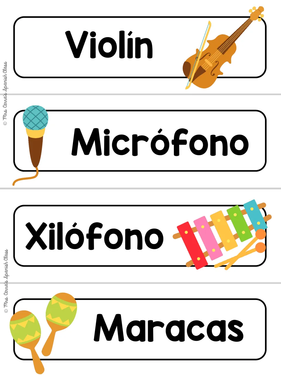 White-background version of the violín, micrófono, xilófono and maracas cards, each Spanish word shown with its picture