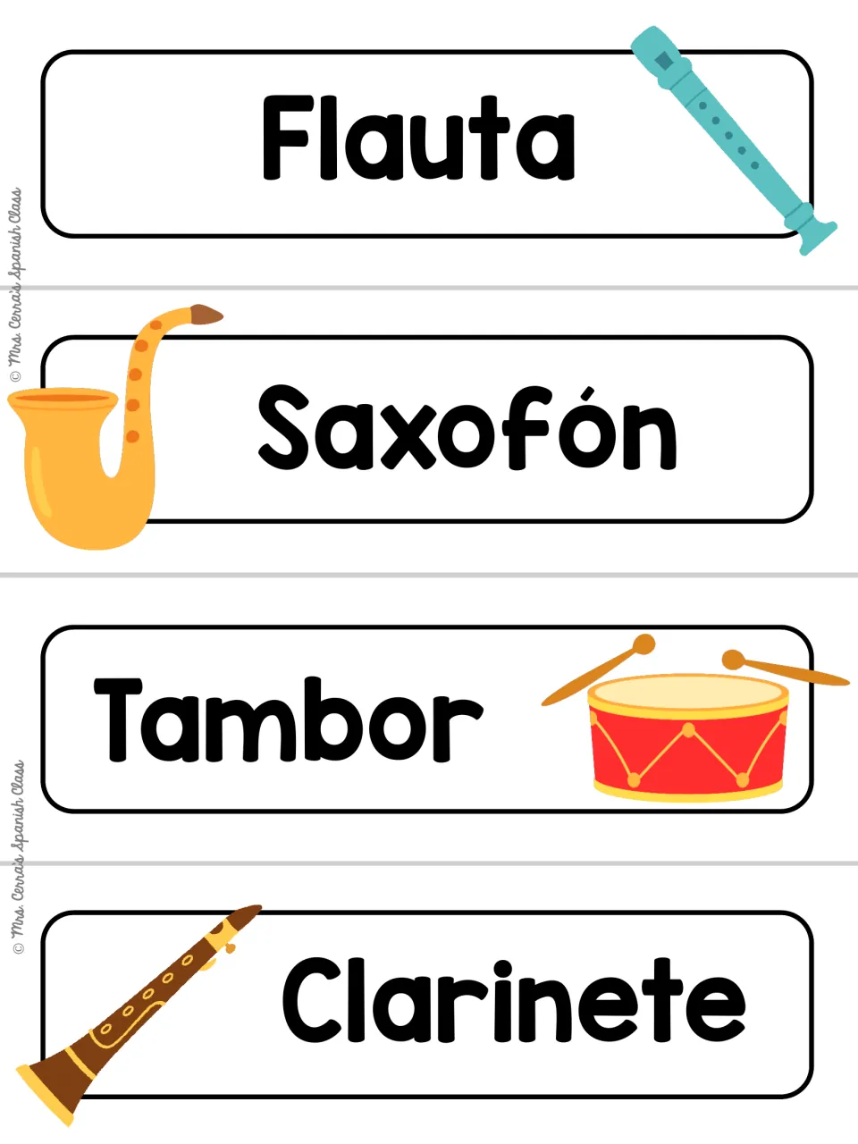 White-background version of the flauta, saxofón, tambor and clarinete cards, each Spanish word labeled beside its image
